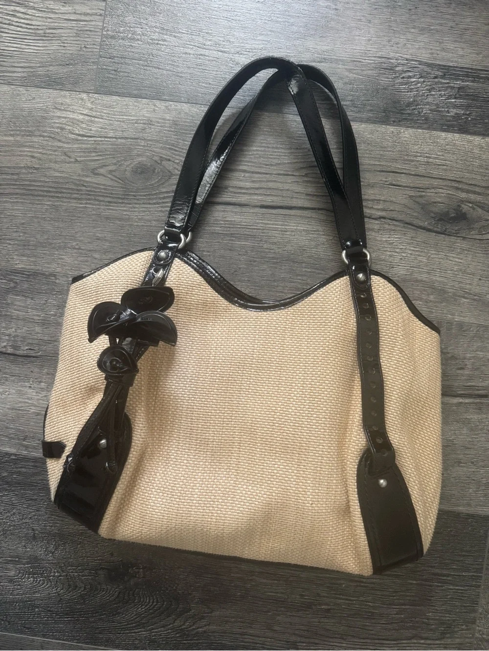 Cole Haan Straw Raffia Shoulder Bag with Black Patent Heather Trim